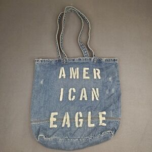 AMERICAN EAGLE Distressed Blue Jean Denim Shoulder Tote Bag Logo Spellout